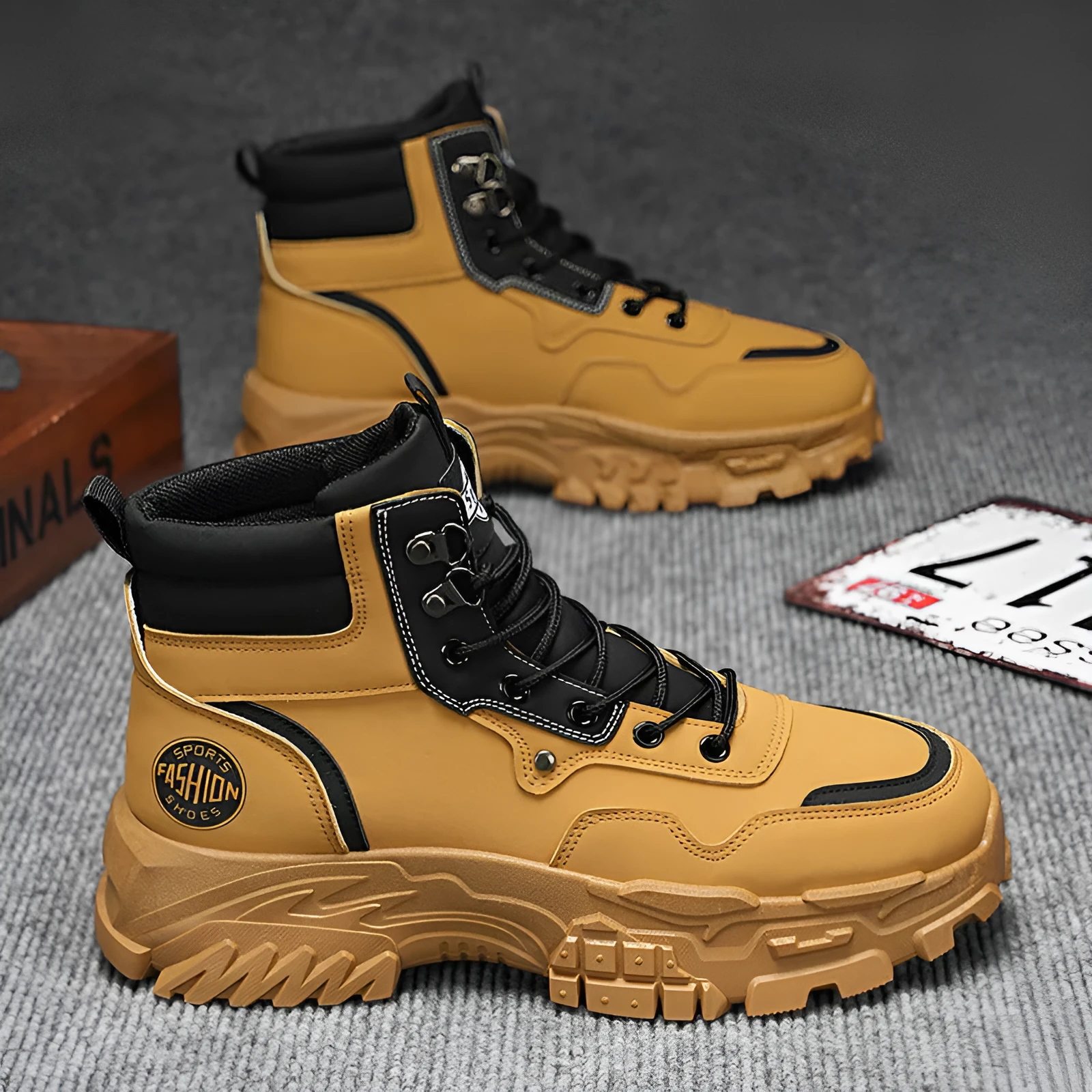 Men's black and yellow Martin boots with artificial PU upper and mid-heel design