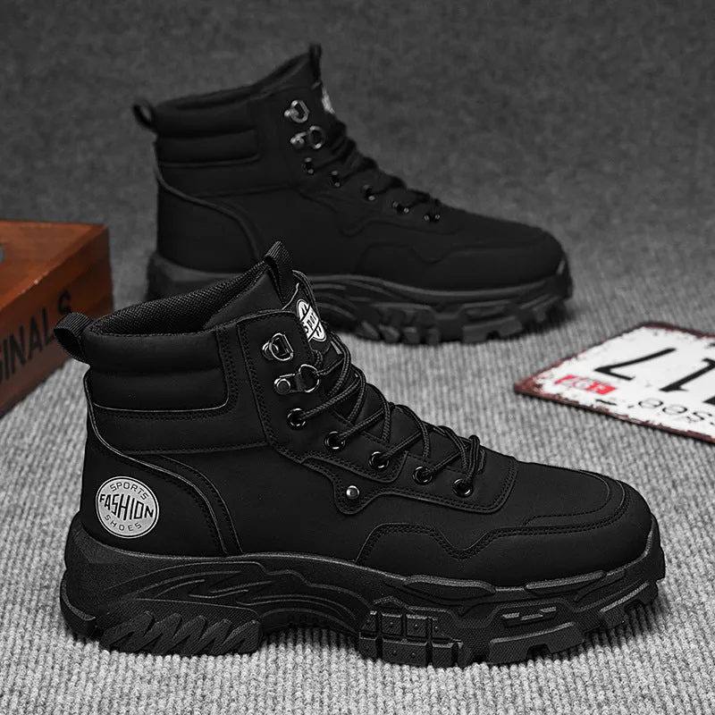 Men's black and yellow Martin boots with artificial PU upper and mid-heel design