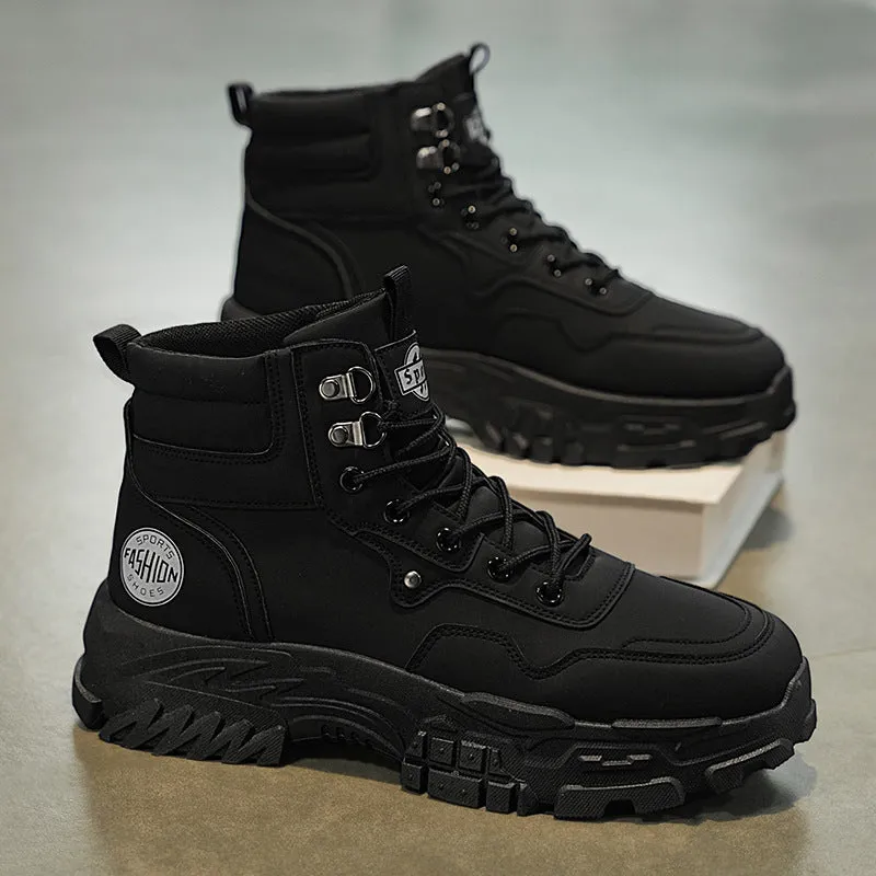 Men's black and yellow Martin boots with artificial PU upper and mid-heel design