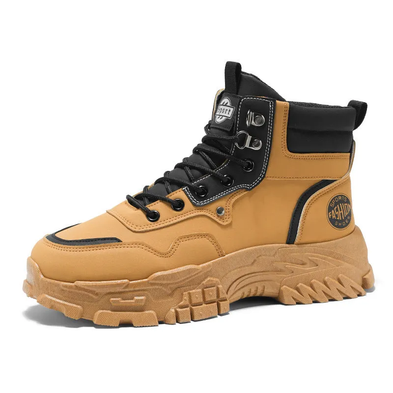 Men's black and yellow Martin boots with artificial PU upper and mid-heel design