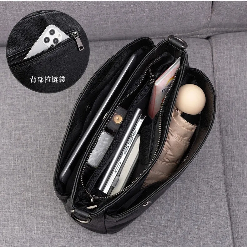 Women's genuine leather crossbody handbag in pure cowhide with plaid pattern, simple urban style, horizontal square shape