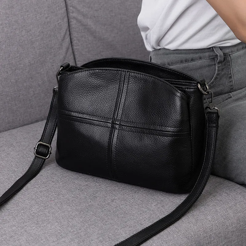 Women's genuine leather crossbody handbag in pure cowhide with plaid pattern, simple urban style, horizontal square shape