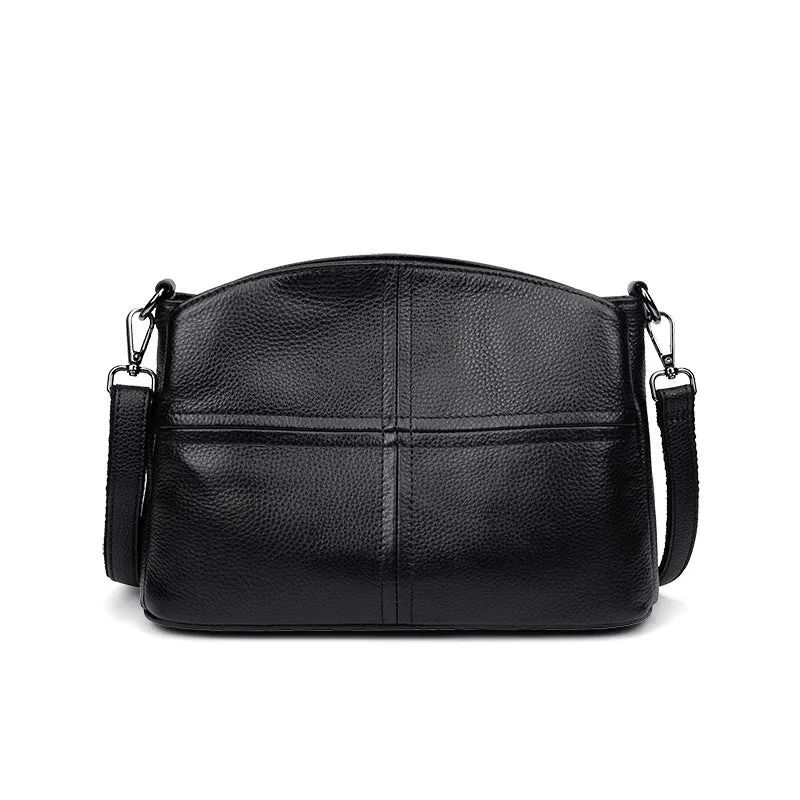 Women's genuine leather crossbody handbag in pure cowhide with plaid pattern, simple urban style, horizontal square shape