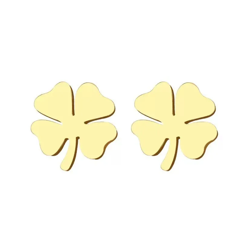 Pair of 10mm four-leaf clover earrings in gold colour on stainless steel post