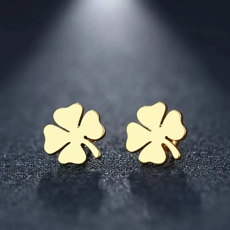 Pair of 10mm four-leaf clover earrings in gold colour on stainless steel post