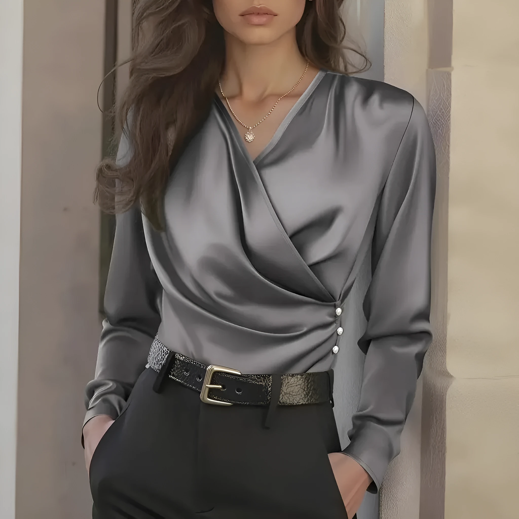 Women's v-neck slim fit polyester shirt in white with patchwork detail, long sleeves, and pullover style