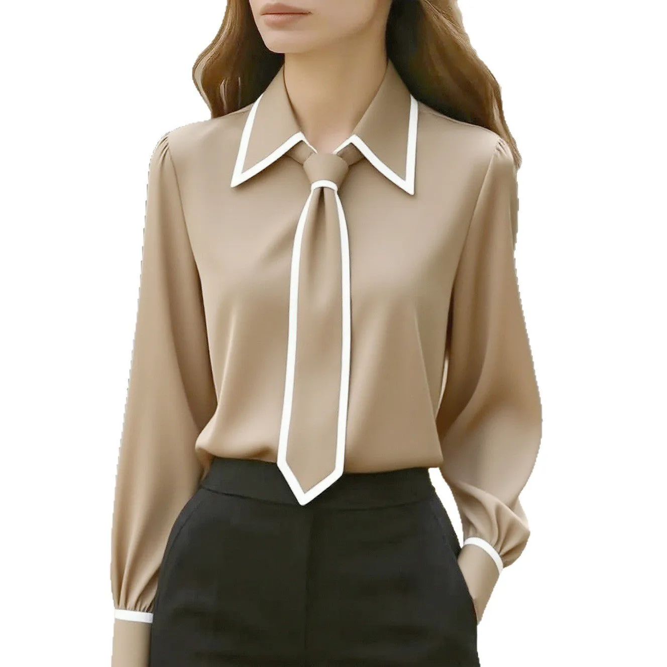 Women's solid colour long sleeve satin polyester shirt in black, with pullover style and regular sleeve