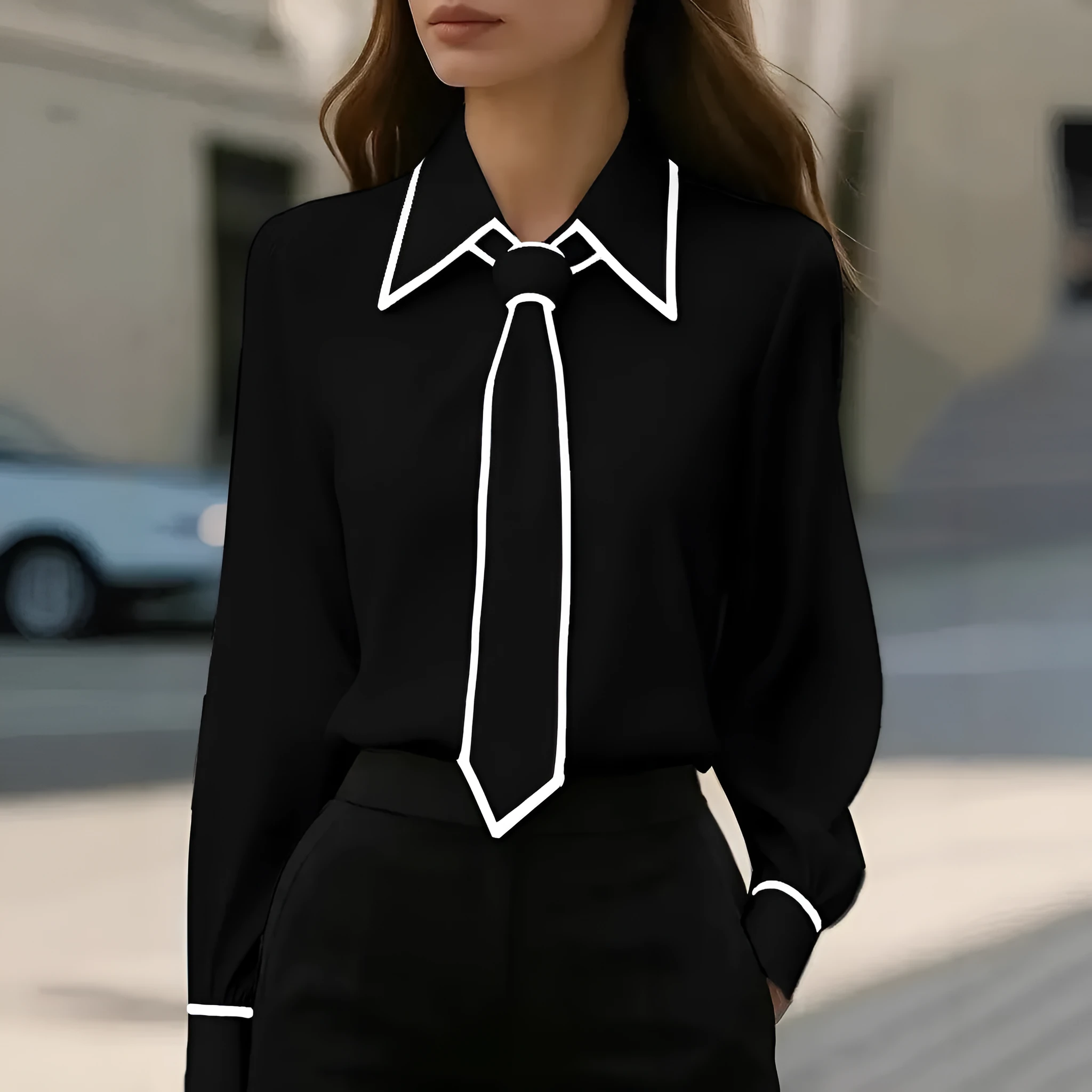 Women's solid colour long sleeve satin polyester shirt in black, with pullover style and regular sleeve