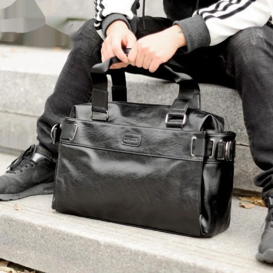Men's leather messenger bag with cowhide inner, large capacity, black, for travel