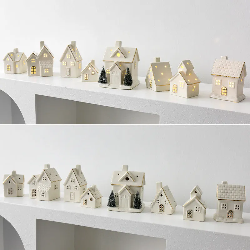 Ceramic Christmas tree house ornament in European style villa design with open door