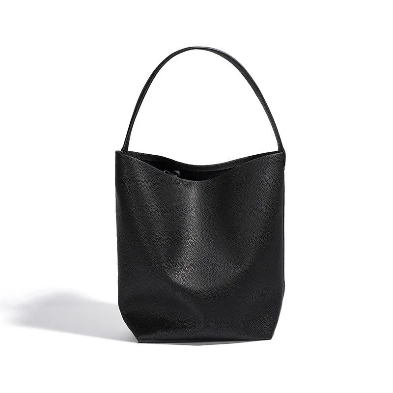Genuine leather bucket bag for women, beige, with patchwork detailing and open outer pocket