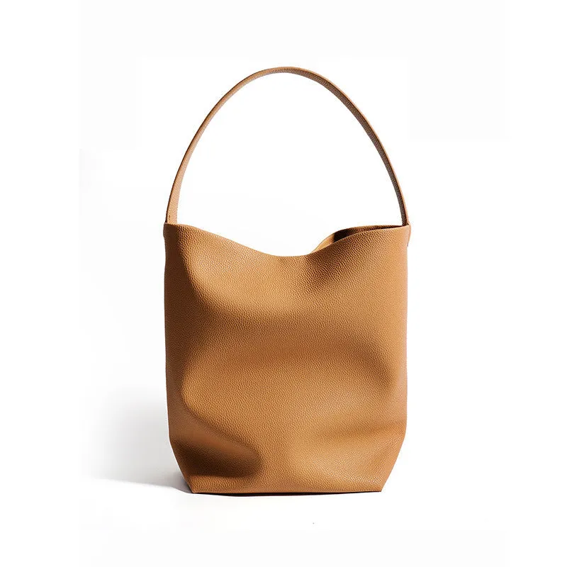 Genuine leather bucket bag for women, beige, with patchwork detailing and open outer pocket