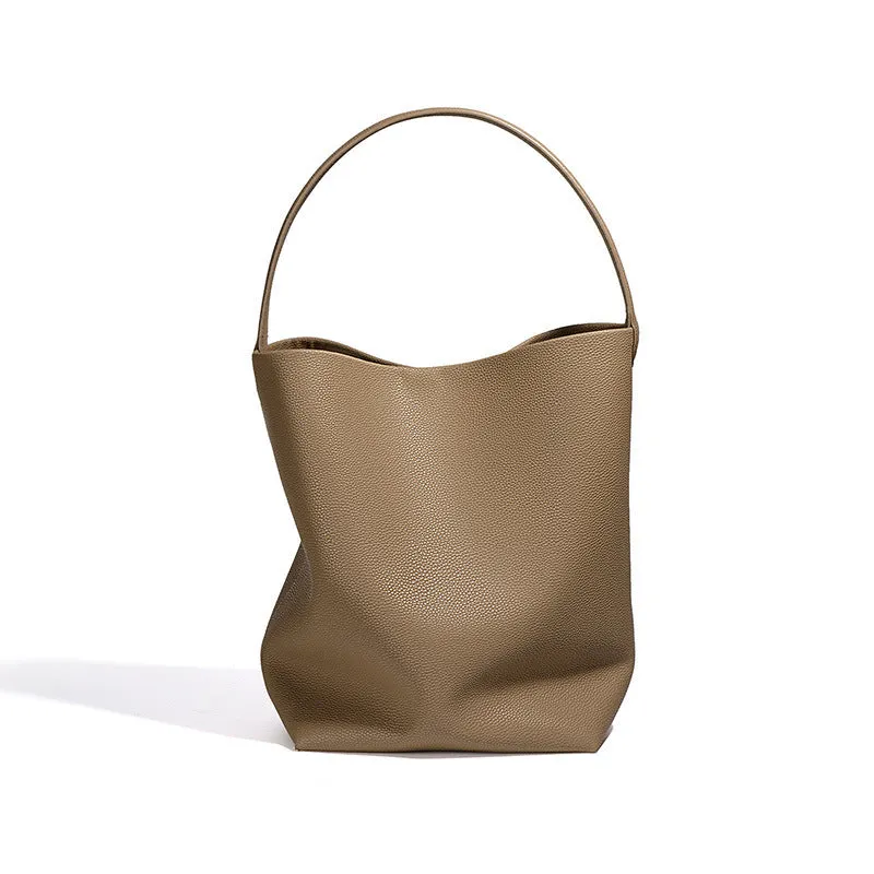 Genuine leather bucket bag for women, beige, with patchwork detailing and open outer pocket