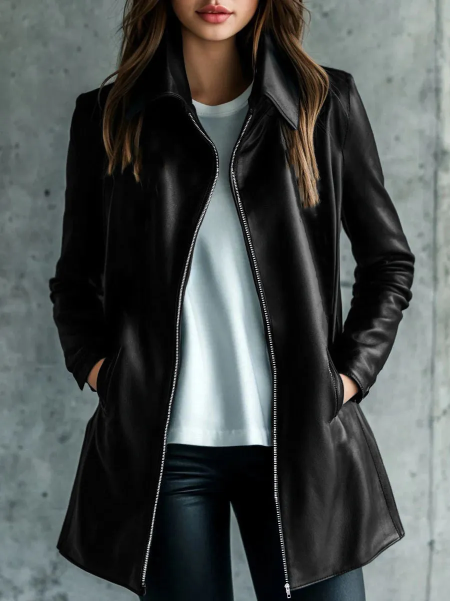 Women's black polyester leather jacket medium length 65cm shown on hanger