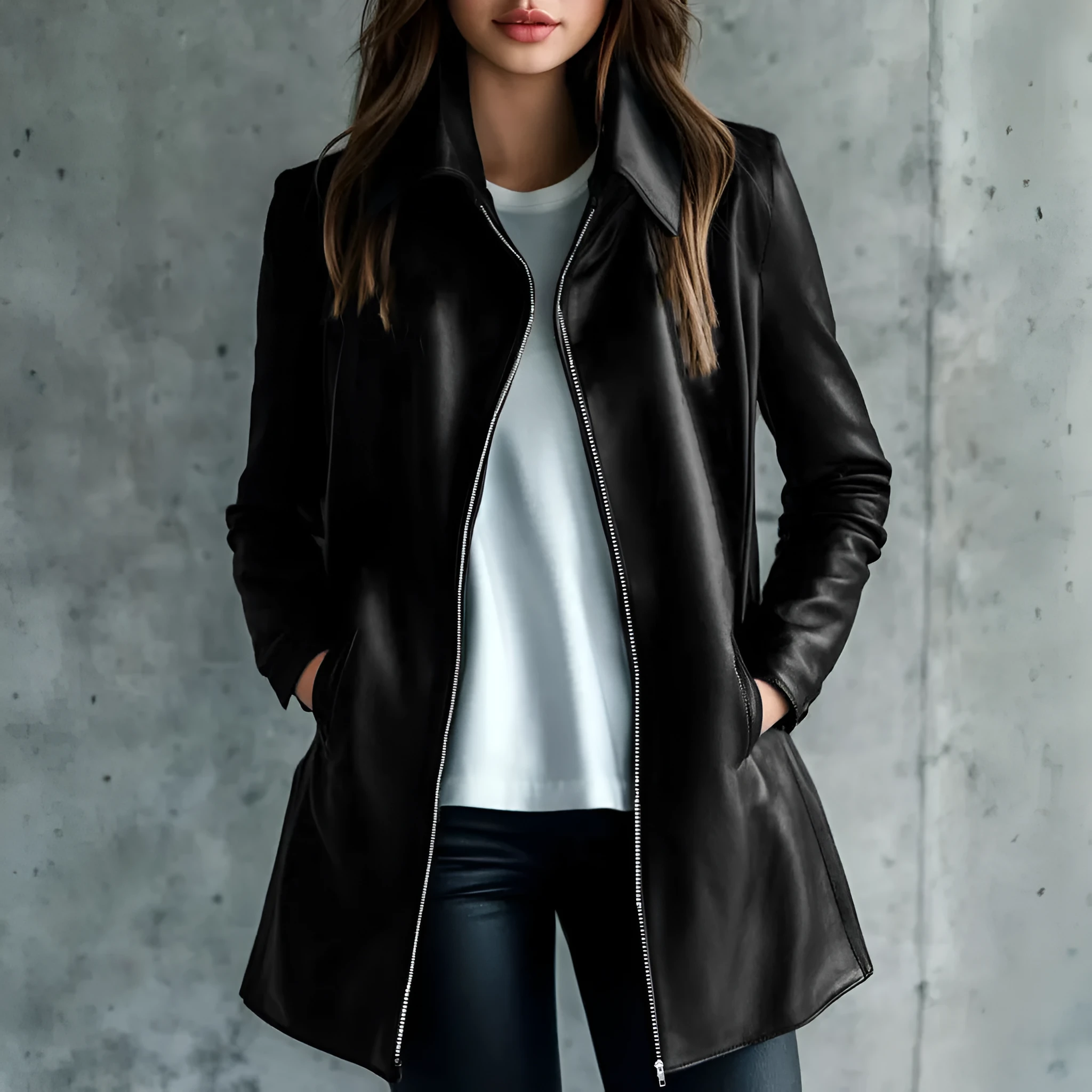 Women's black polyester leather jacket medium length 65cm shown on hanger