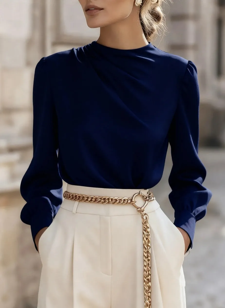 Women's solid colour pleated high-neck lantern sleeve blouse in black, front view