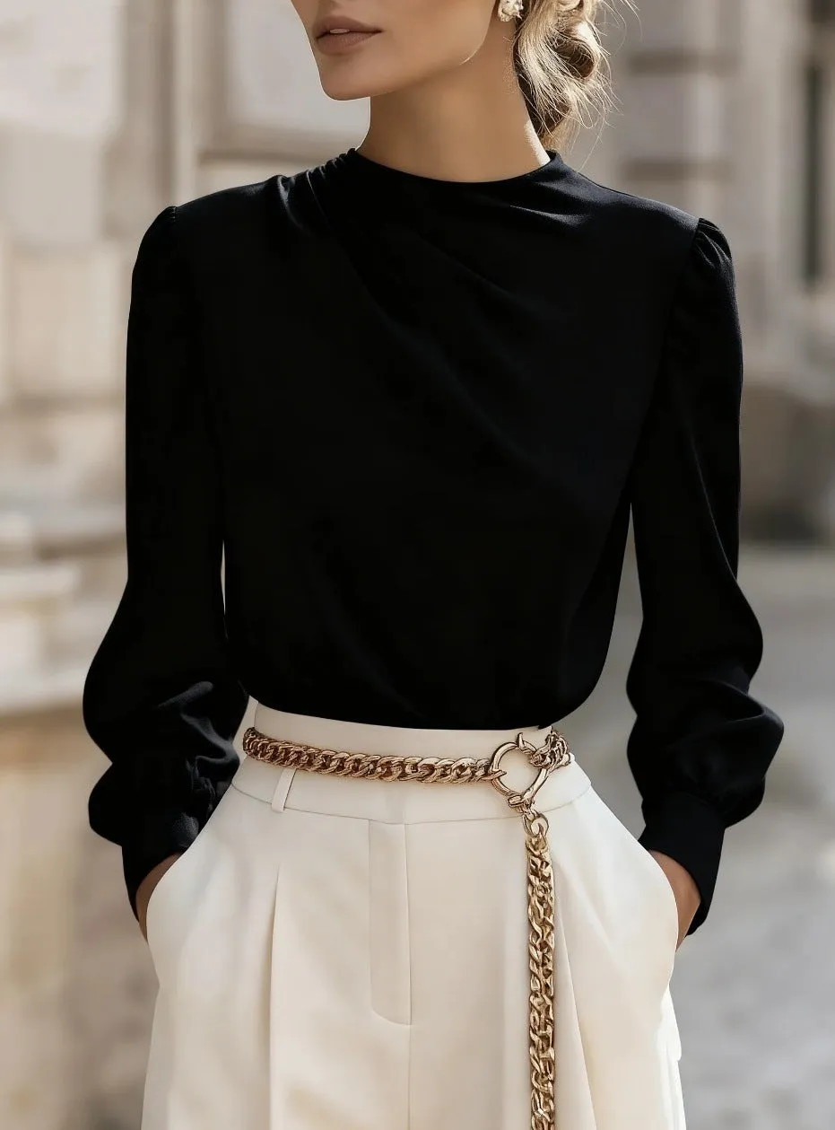 Women's solid colour pleated high-neck lantern sleeve blouse in black, front view