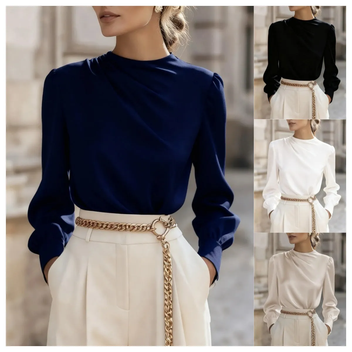 Women's solid colour pleated high-neck lantern sleeve blouse in black, front view