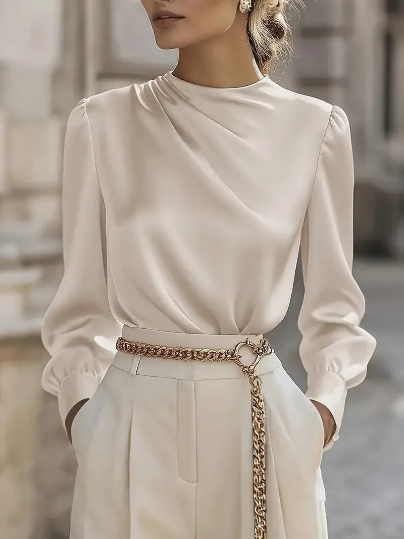 Women's solid colour pleated high-neck lantern sleeve blouse in black, front view