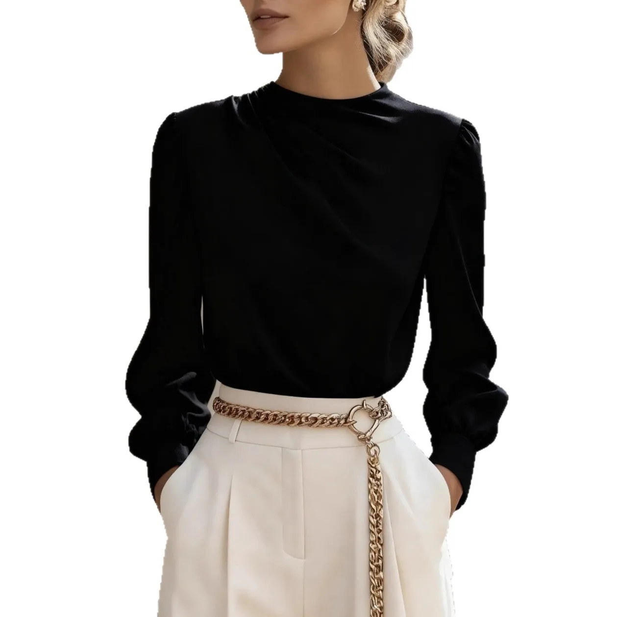 Women's solid colour pleated high-neck lantern sleeve blouse in black, front view