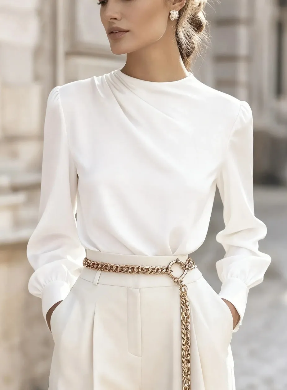 Women's solid colour pleated high-neck lantern sleeve blouse in black, front view