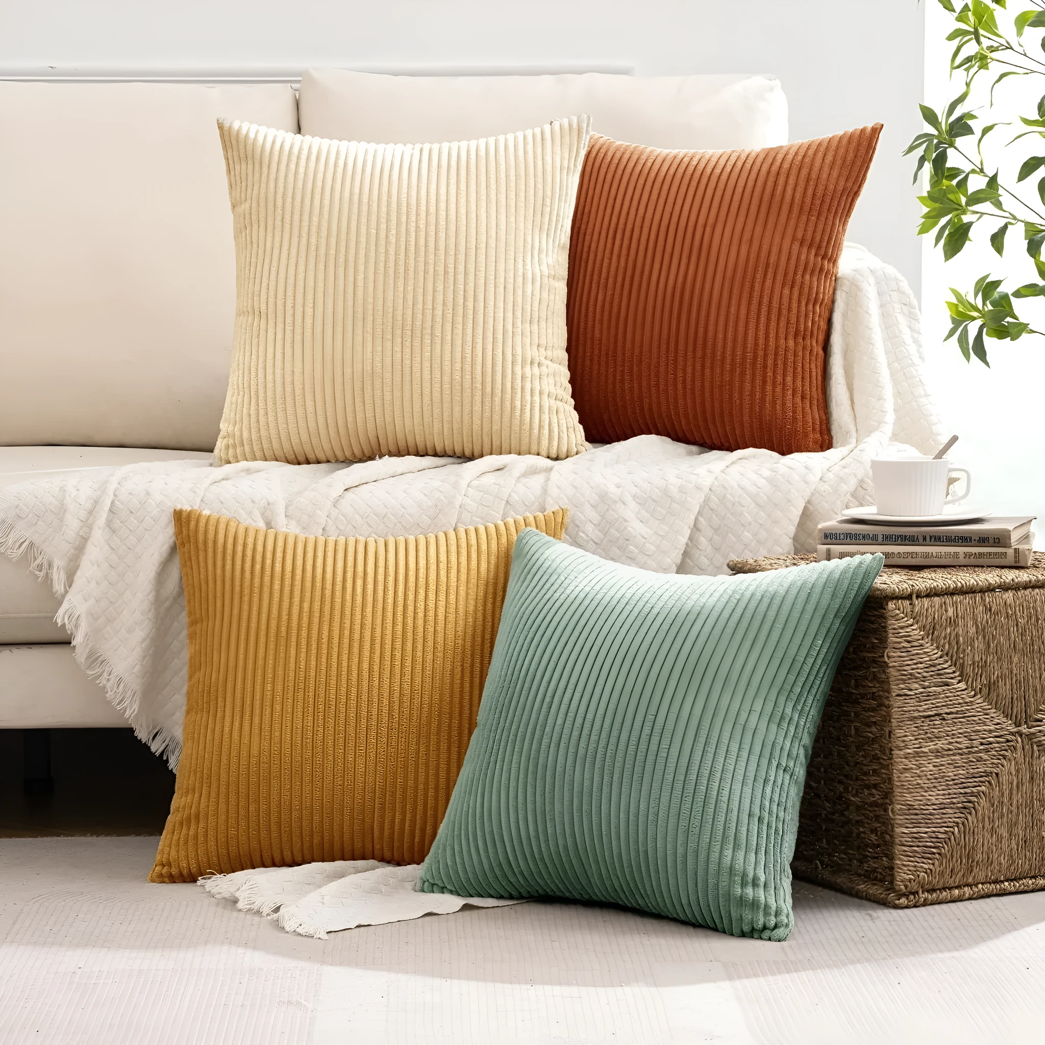 Solid colour corduroy bohemian gradient decorative pillow cover 45x45cm in beige and green tones