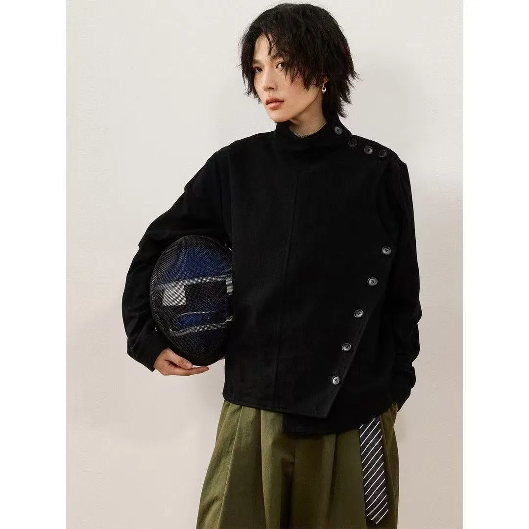 Solid colour minimalist casual jacket for men in black, front view, cotton blend, regular fit