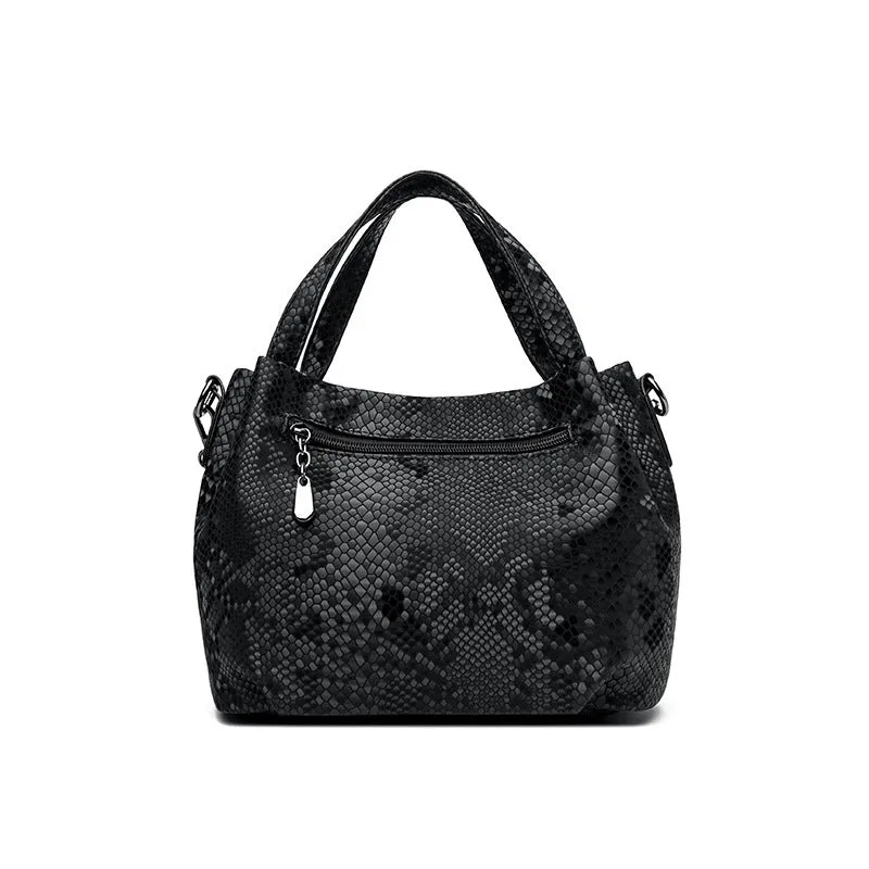 Genuine leather horizontal square shoulder bag with chain detail and snakeskin texture, multiple zippered compartments, available in various colours