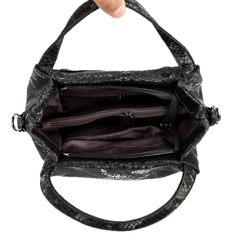 Genuine leather horizontal square shoulder bag with chain detail and snakeskin texture, multiple zippered compartments, available in various colours