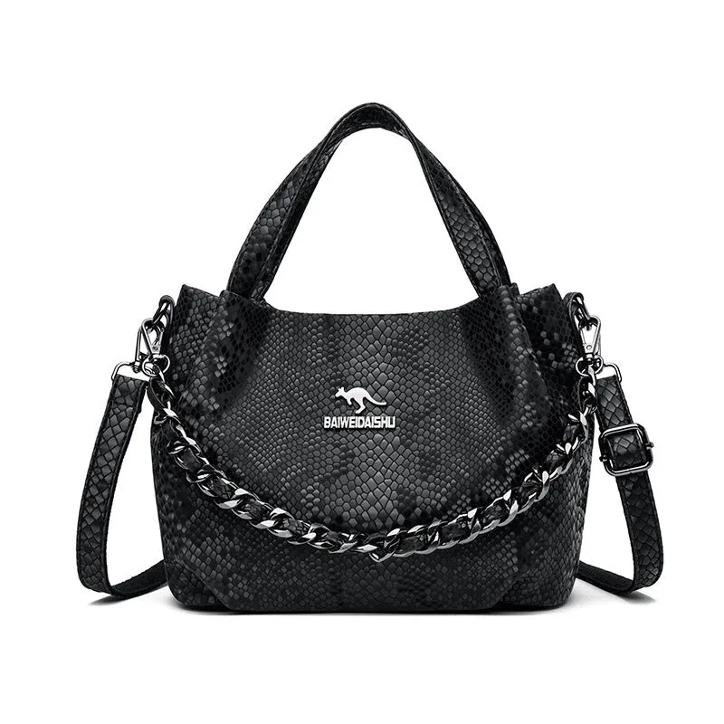 Genuine leather horizontal square shoulder bag with chain detail and snakeskin texture, multiple zippered compartments, available in various colours