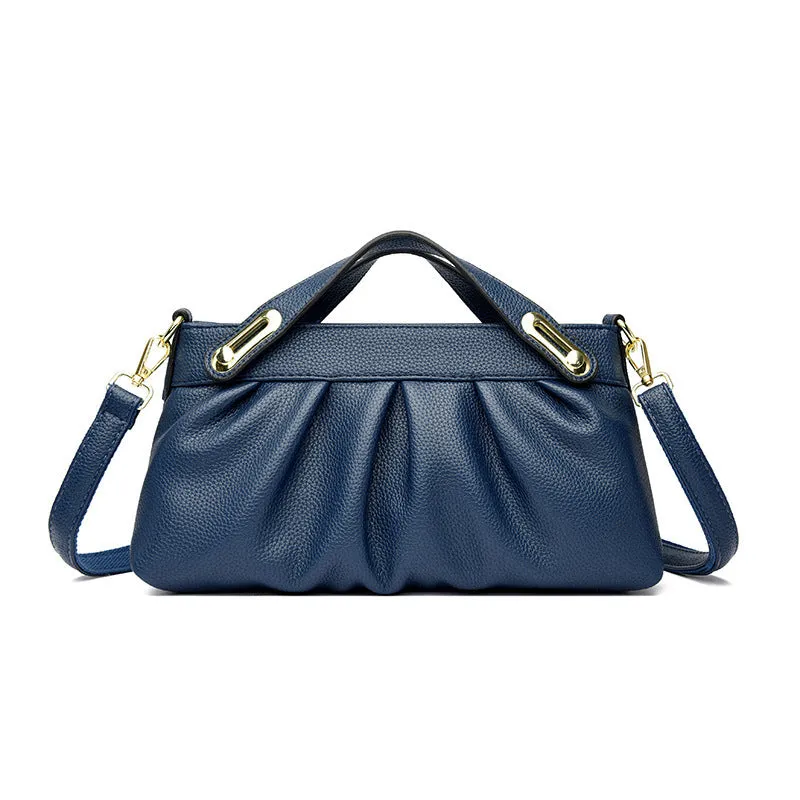 Genuine leather crossbody bag with pleated shoulder strap and wrinkled composite leather finish in horizontal square shape