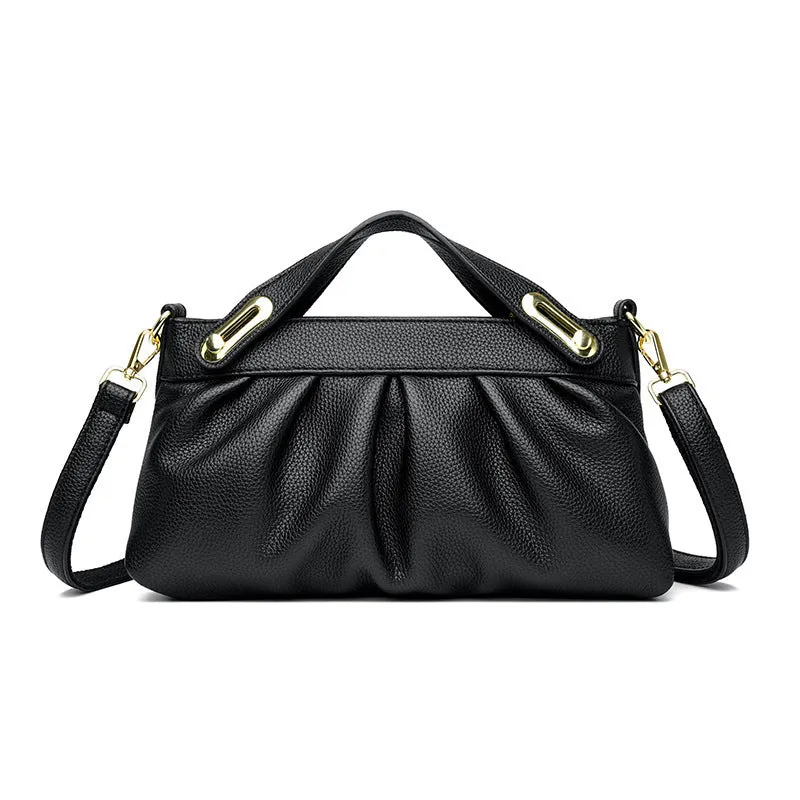 Genuine leather crossbody bag with pleated shoulder strap and wrinkled composite leather finish in horizontal square shape