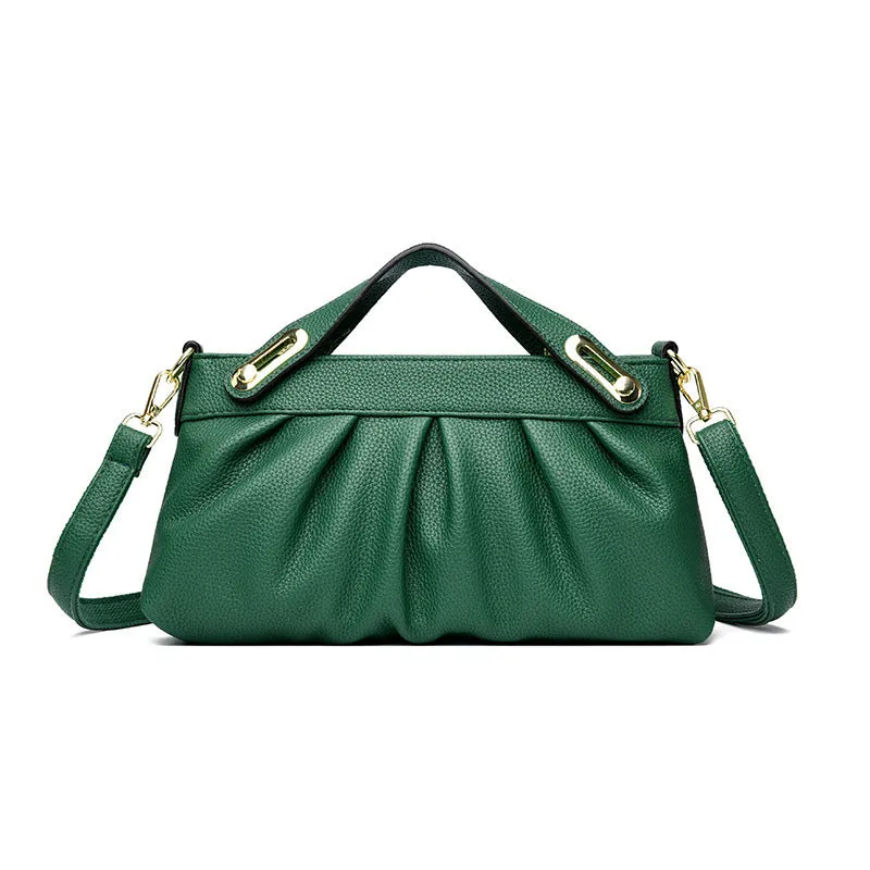 Genuine leather crossbody bag with pleated shoulder strap and wrinkled composite leather finish in horizontal square shape