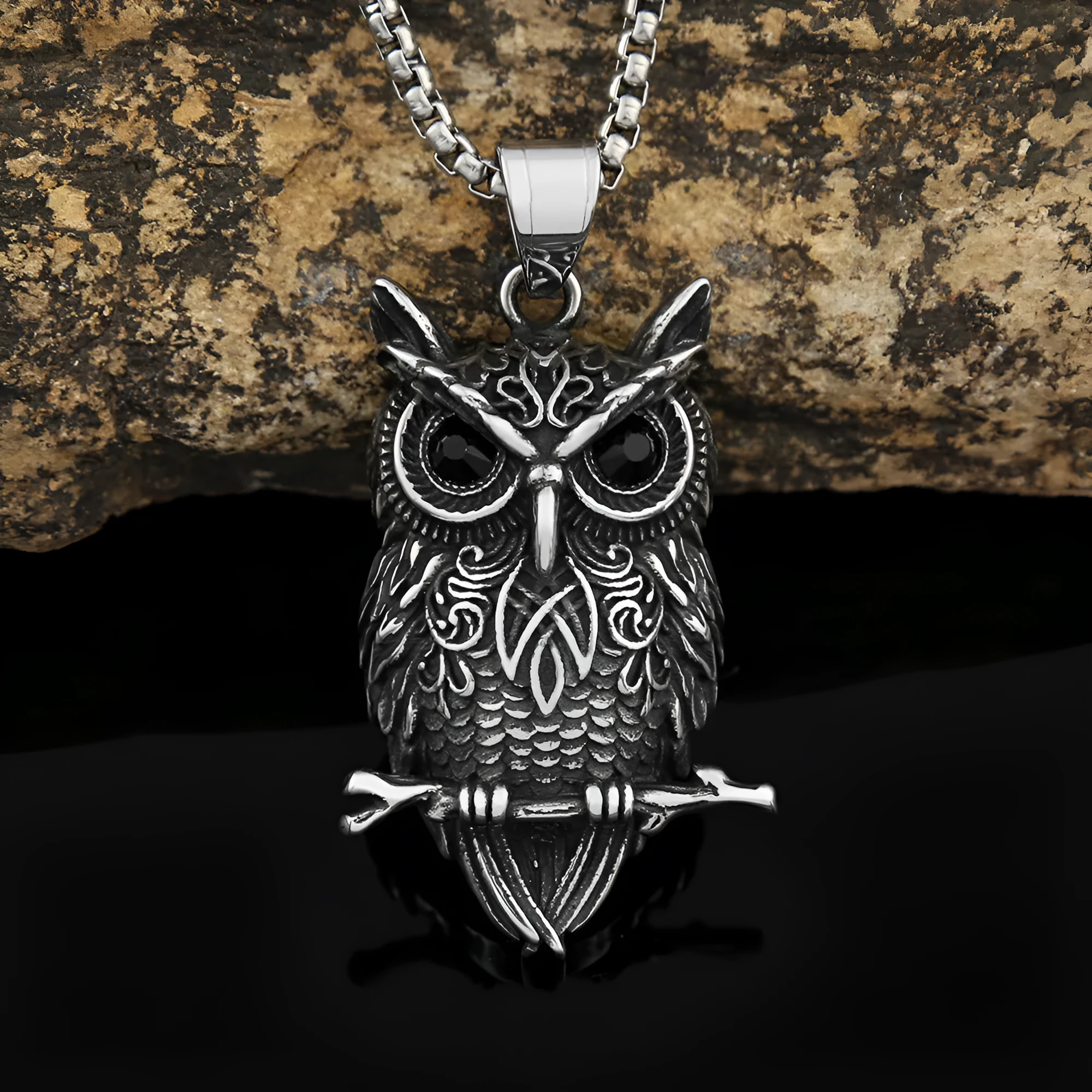 Titanium steel men's necklace with polished black eye owl pendant on O-link chain