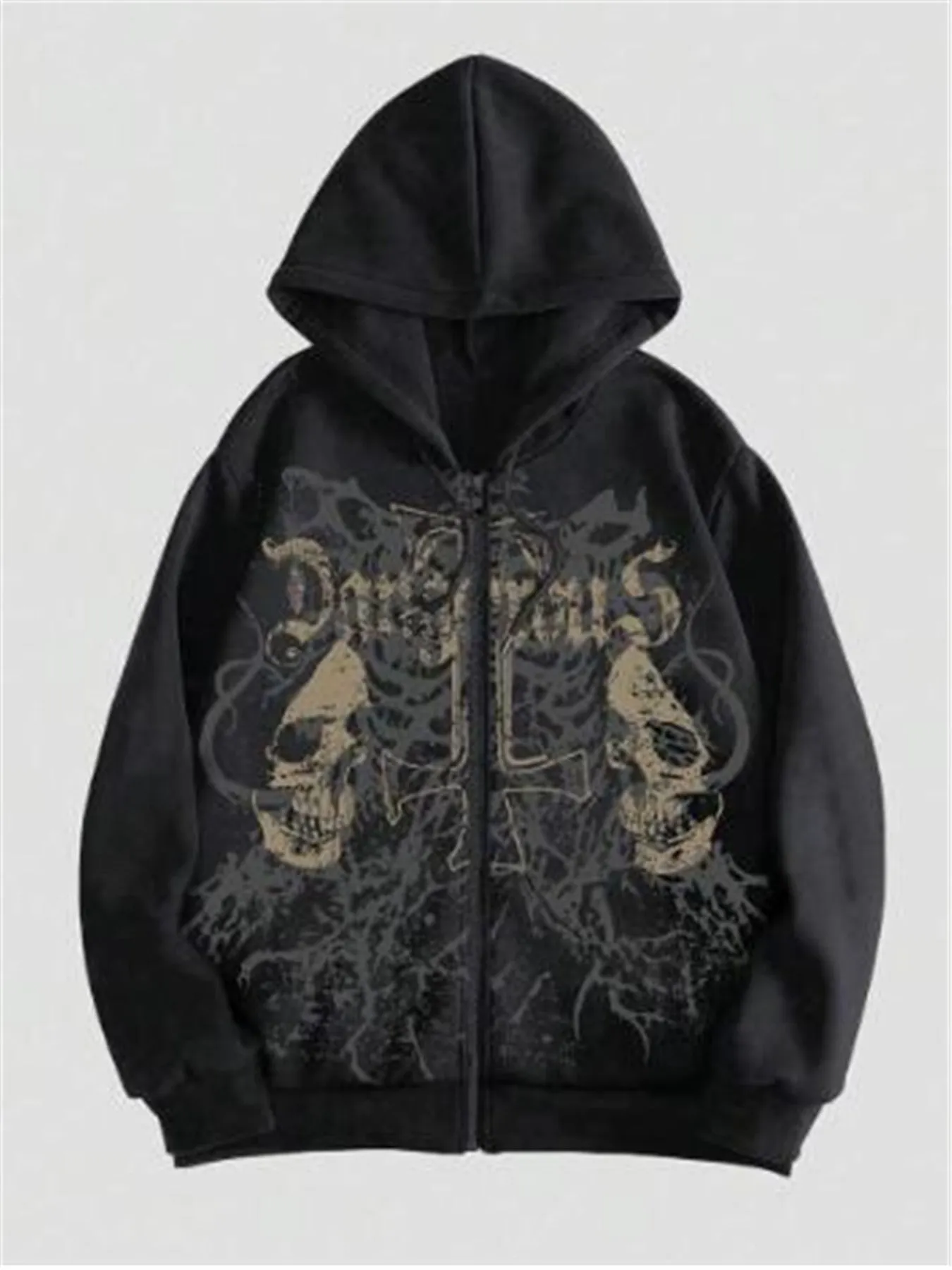 Man wearing a black hooded sweatshirt with a large white skull print on the front.