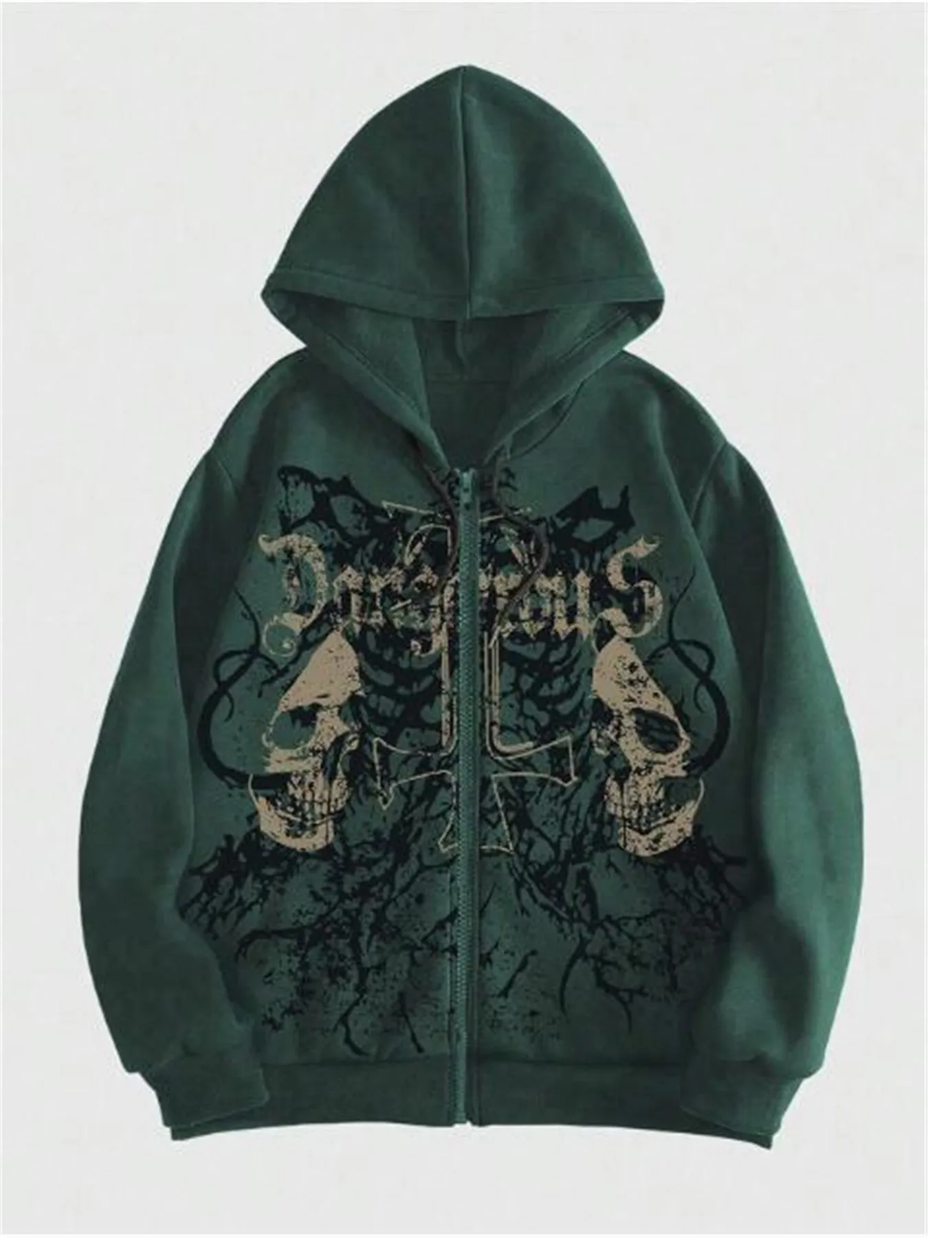 Man wearing a black hooded sweatshirt with a large white skull print on the front.