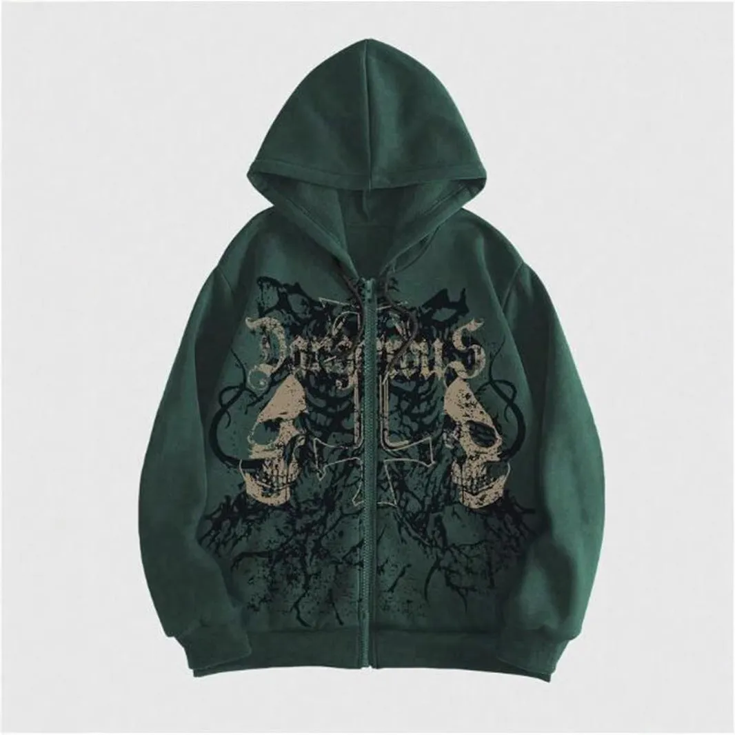 Man wearing a black hooded sweatshirt with a large white skull print on the front.