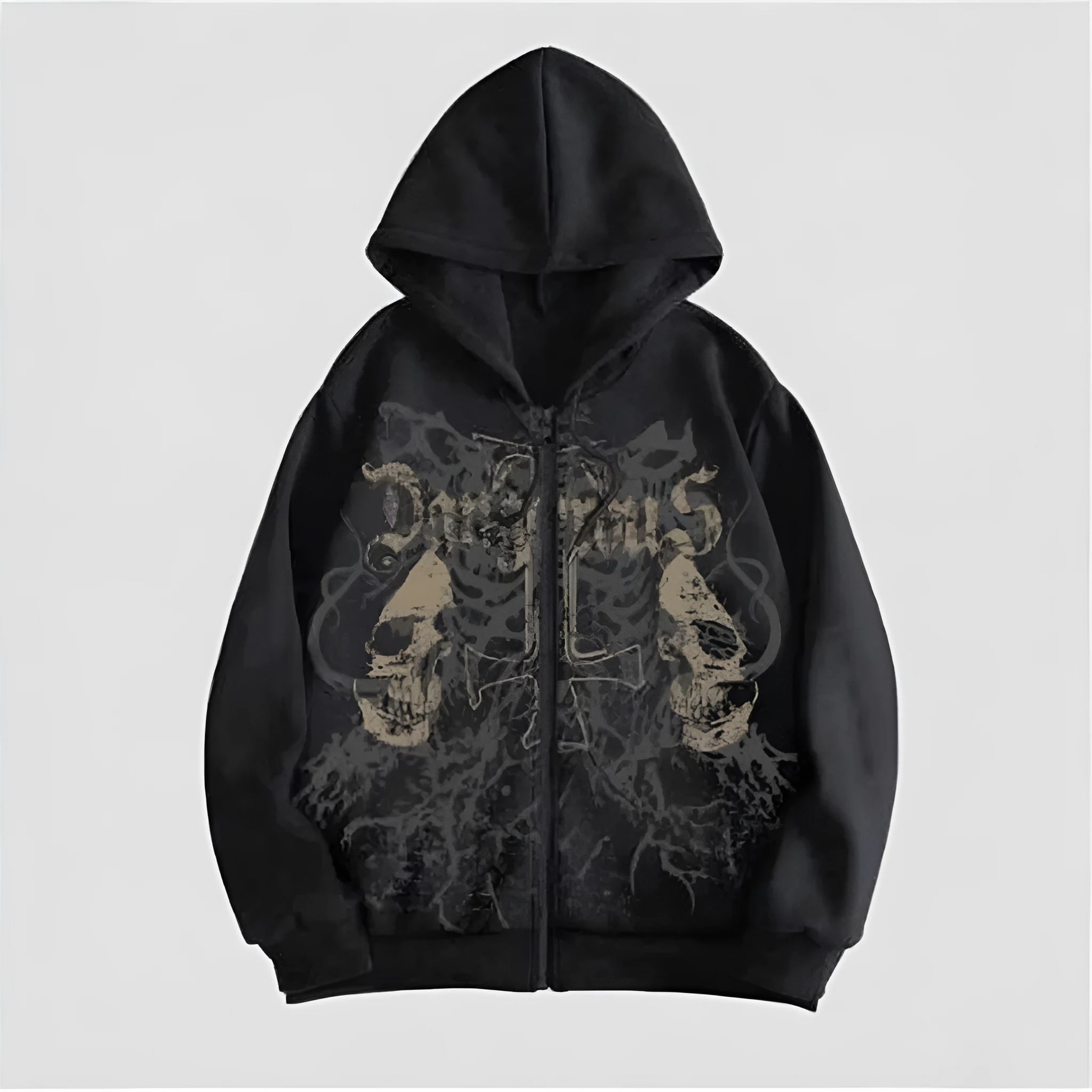 Man wearing a black hooded sweatshirt with a large white skull print on the front.