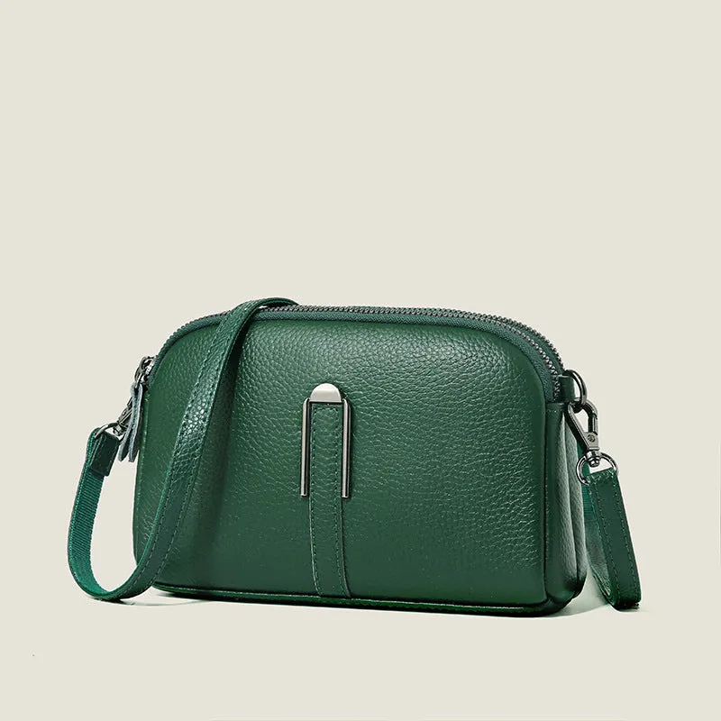 Minimalist crossbody bag in top-grain leather with spliced design, horizontal square shape, inner zippered pocket