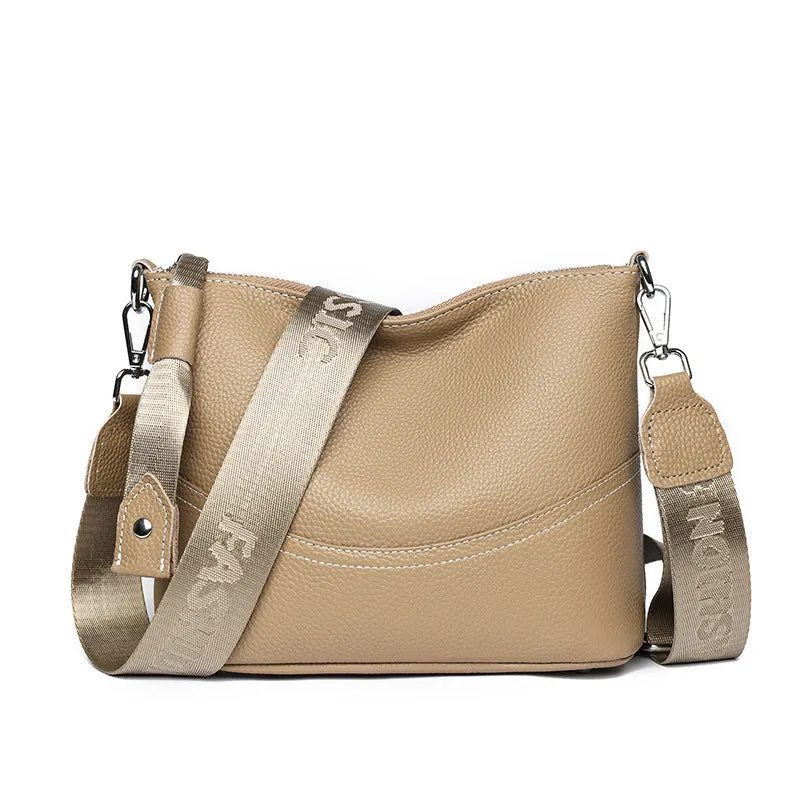 Genuine top grain leather crossbody bag in khaki, horizontal square shape with splicing design and multiple internal pockets