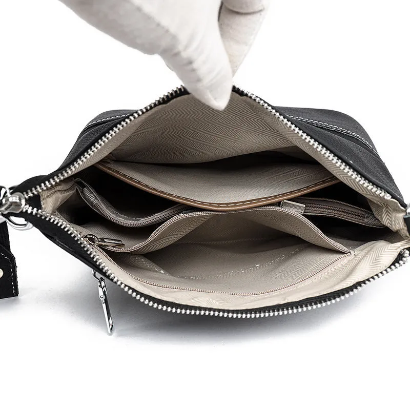 Genuine top grain leather crossbody bag in khaki, horizontal square shape with splicing design and multiple internal pockets