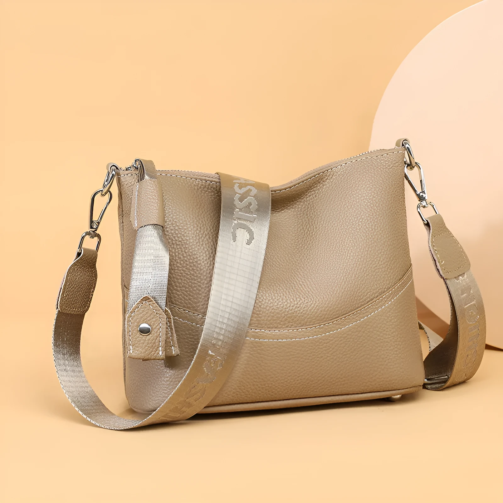 Genuine top grain leather crossbody bag in khaki, horizontal square shape with splicing design and multiple internal pockets