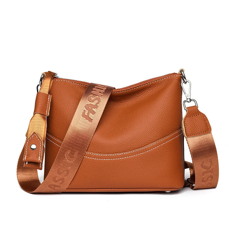 Genuine top grain leather crossbody bag in khaki, horizontal square shape with splicing design and multiple internal pockets