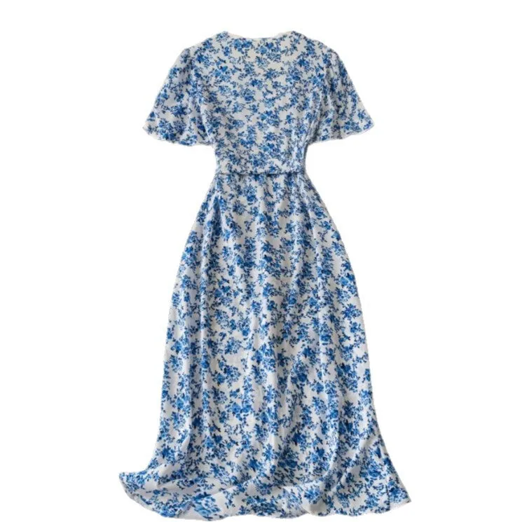 Short-sleeved V-neck A-line flared floral dress with bow at high waist, mid-length polyester dress