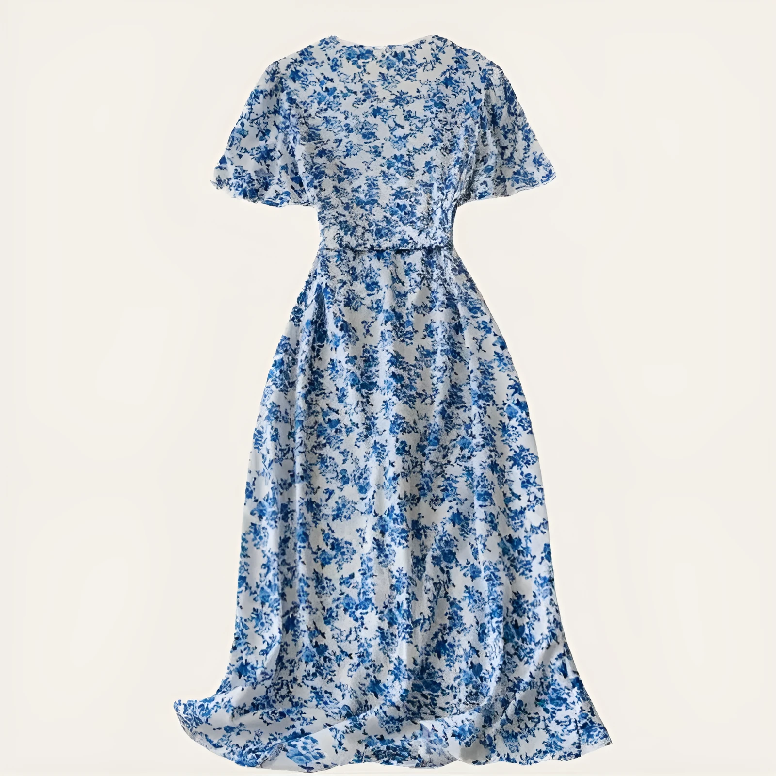 Short-sleeved V-neck A-line flared floral dress with bow at high waist, mid-length polyester dress