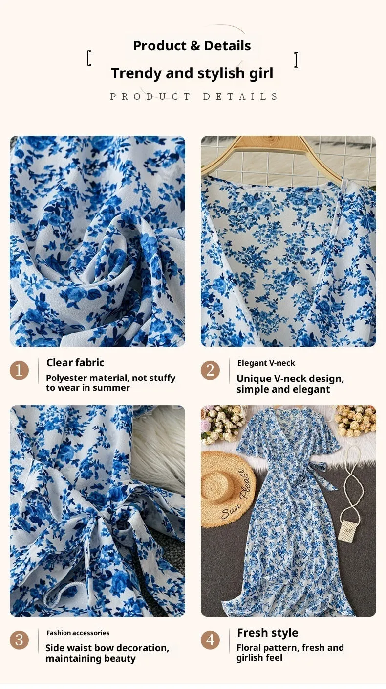 Short-sleeved V-neck A-line flared floral dress with bow at high waist, mid-length polyester dress