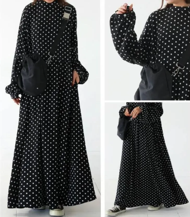 Plus size polka dot long sleeve Korean satin dress with flounced skirt and lantern sleeves in polka dot colour