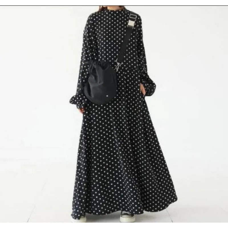 Plus size polka dot long sleeve Korean satin dress with flounced skirt and lantern sleeves in polka dot colour