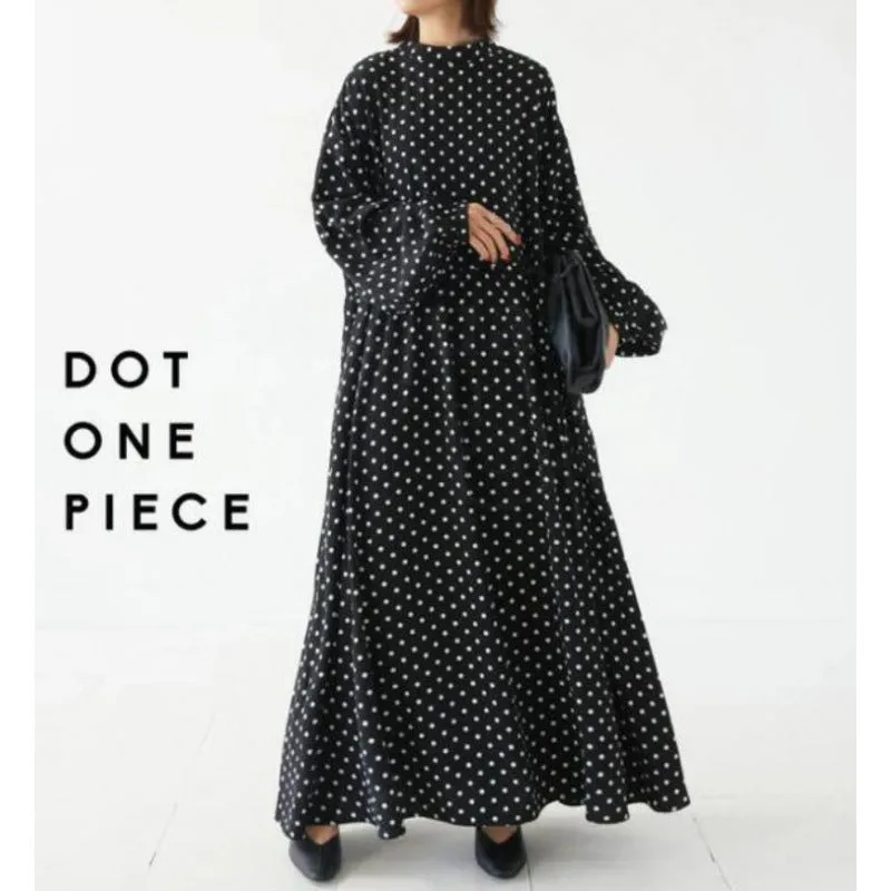 Plus size polka dot long sleeve Korean satin dress with flounced skirt and lantern sleeves in polka dot colour