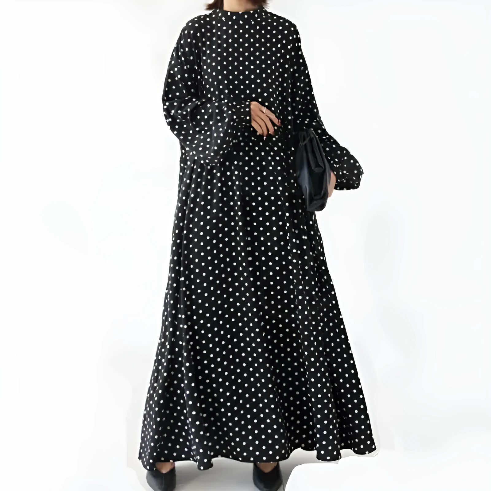 Plus size polka dot long sleeve Korean satin dress with flounced skirt and lantern sleeves in polka dot colour